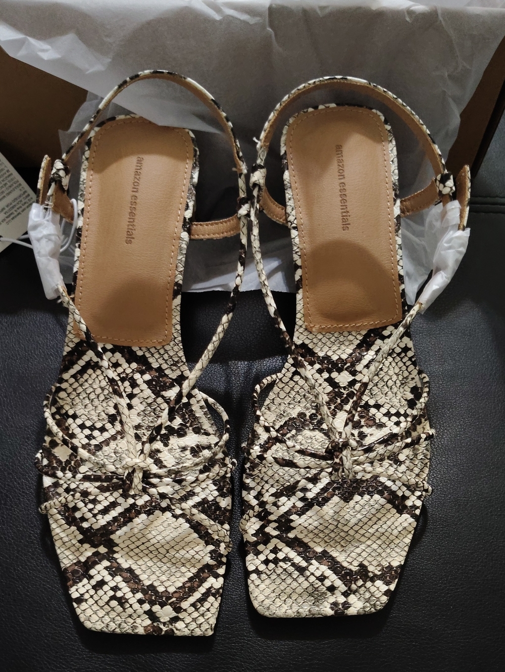 Beige and Black Snake-Print Strappy Sandals
